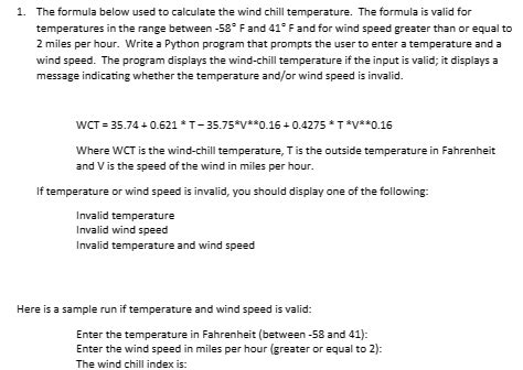 Solved 1. The formula below used to calculate the wind chill | Chegg.com