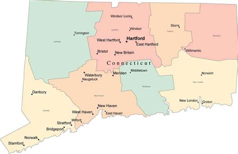 Multi Color Connecticut Map with Counties, Capitals, and Major Cities