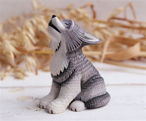 Wooden Howling Wolf Figurine Wood Carving Wolf Sculpture Wood Art Linden Bark Shop Linden Bark ...