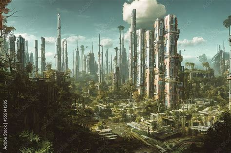 dystopian concept art of a futuristic city landscape in a cyberpunk themed sci fiction universe ...