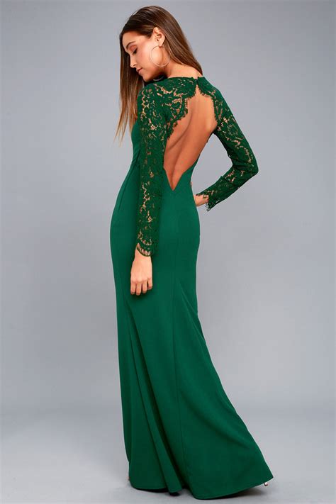 Lovely Forest Green Lace Dress - Long Sleeve Maxi Dress - Lulus