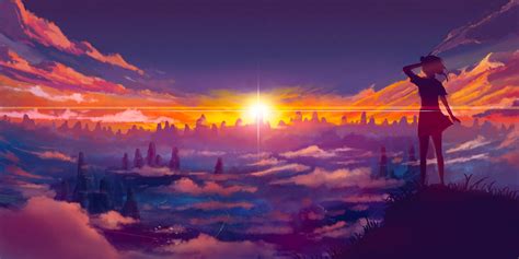 Anime character standing on hill during sunrise digital wallpaper ...