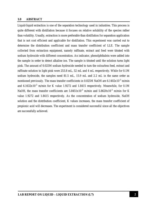 Lab Report on Liquid - liquid Extraction | CHE 504 - Heat & Mass Transfer Laboratory - UiTM ...