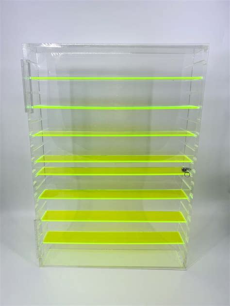 Custom Lockable Acrylic Display w/ Adjustable Fluorescent Green Acrylic Shelves - CUSTOM ACRYLIC ...