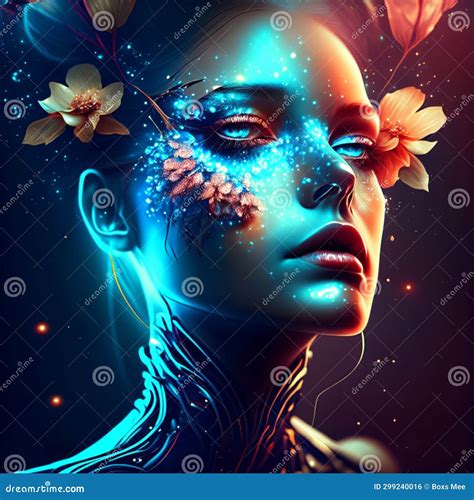 Digital Illustration of a Female Face Surrounded by Flowers and Light ...