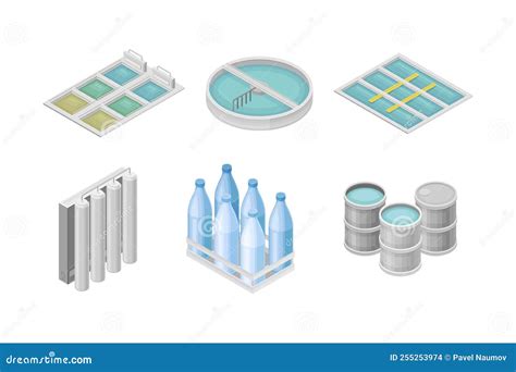 Water Purification Process with Barrel and Reservoir Isometric Vector Set Stock Illustration ...