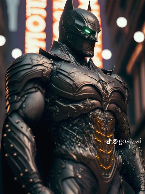 the batman statue is standing in front of a neon sign