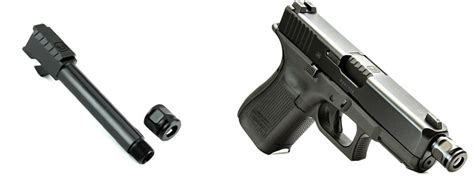 A comparison of a pistol with threaded barrel and attached compensator.