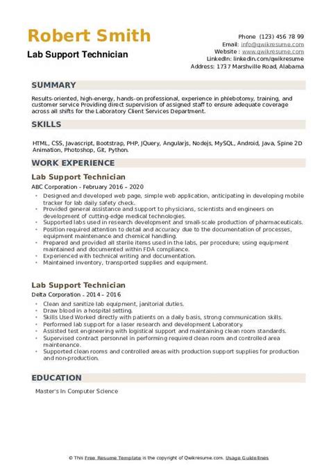 Lab Support Technician Resume Samples | QwikResume