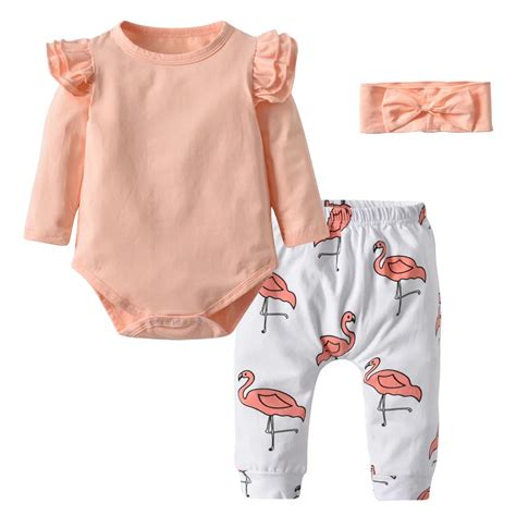 Cute Baby Girl Clothes Toddler Kids Bodysuit Tops+Flamingo Print Pants+Headband Newborn Infant ...