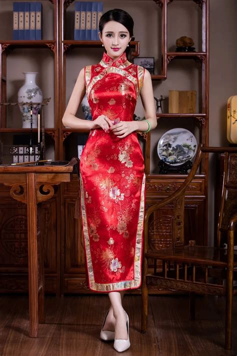 Shanghai Story Vintage Chinese Women's Satin Polyester Long Cheongsam Qipao Dress Sleeveless ...