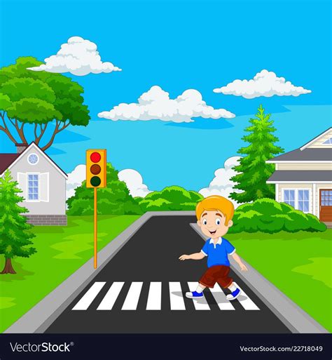 Cartoon boy walking across the crosswalk Vector Image Background Clipart, Background Pictures ...