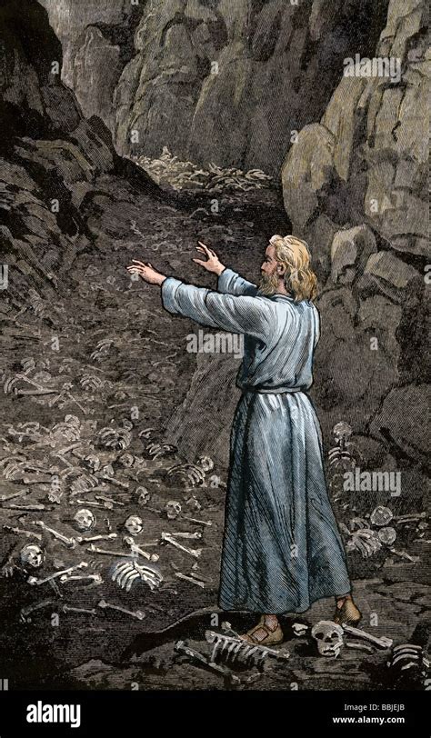 Hebrew prophet Ezekiel walking through the valley of dry bones. Hand-colored woodcut Stock Photo ...