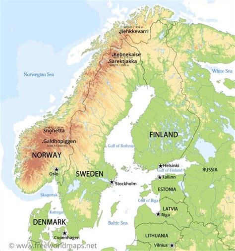 Physical Map of Scandinavia - Norway, Sweden, Finnland, Denmark, Iceland