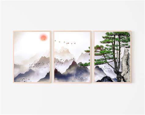 Japanese Landscape Painting of Pine Trees Distant Mountains | Etsy