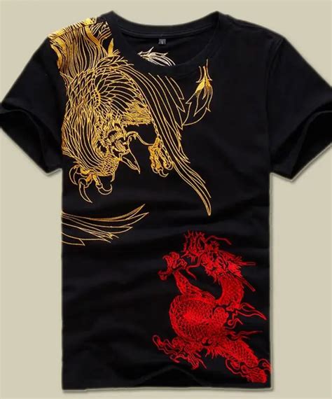 Men's Casual Tattoo Design Cotton Embroidery Dragon T Shirt Summer Short Sleeve Chinese Kung Fu ...