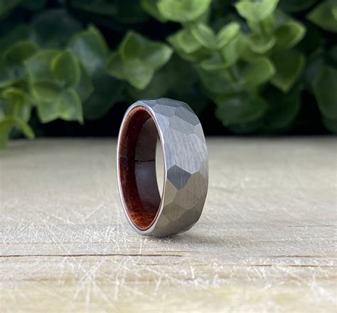 Hammered Wood Wedding Band Men Grey Smash Tungsten Ring - Etsy