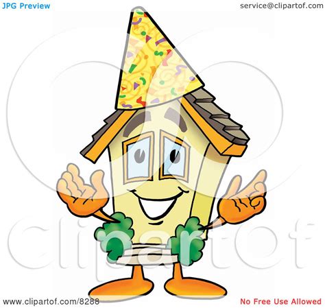 Clipart Picture of a House Mascot Cartoon Character Wearing a Birthday Party Hat by Toons4Biz #8288