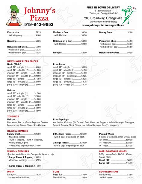 Menu at Johnny's Pizza Orangeville pizzeria, Orangeville