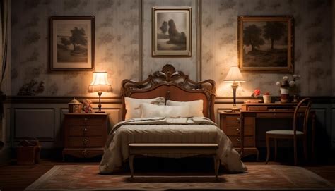 Premium AI Image | a vintage inspired bedroom with an antique bed frame vintage wallpaper and a ...