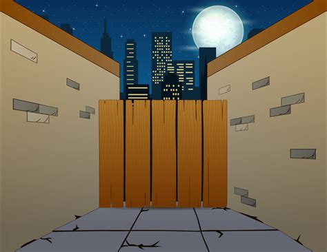 Small alley road view with wooden fence and cityscape at night 6951649 Vector Art at Vecteezy