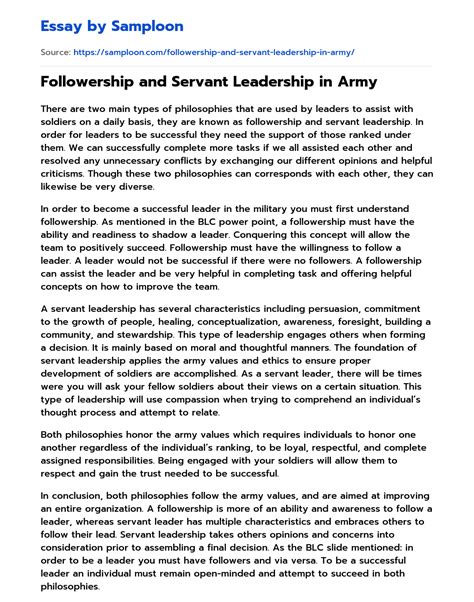 ≫ Followership and Servant Leadership in Army Free Essay Sample on Samploon.com