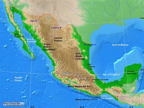 Mexico landforms map - Map of Mexico landforms (Central America - Americas)