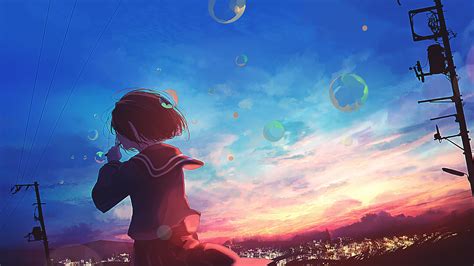 Anime, Scenery, Girl, Sunset, Bubbles, 4K, #276 Wallpaper