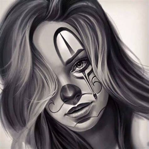 a black and white drawing of a woman with clown makeup