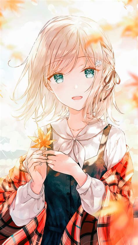 Download Fall Anime Girl Holding Maple Leaf Wallpaper | Wallpapers.com