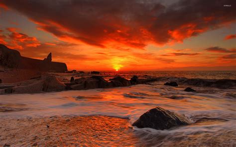 Red sunset above the rocky beach wallpaper - Beach wallpapers - #48873