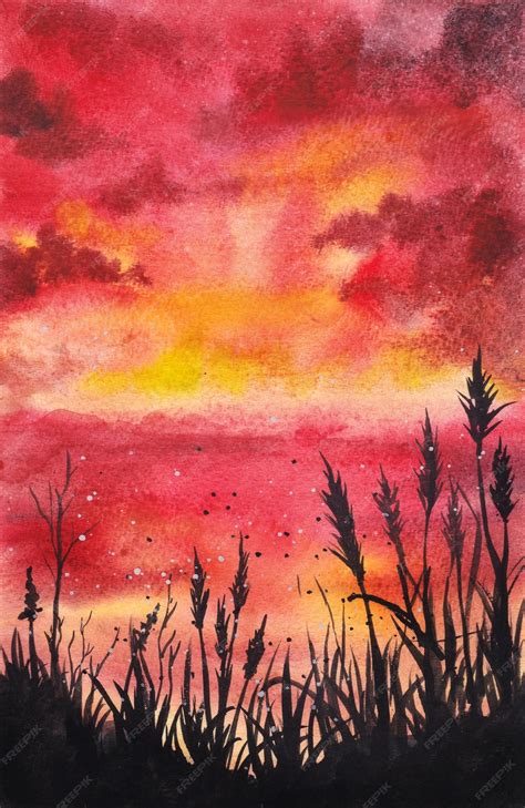 Premium Photo | A beautiful sunset landscape watercolor painting background