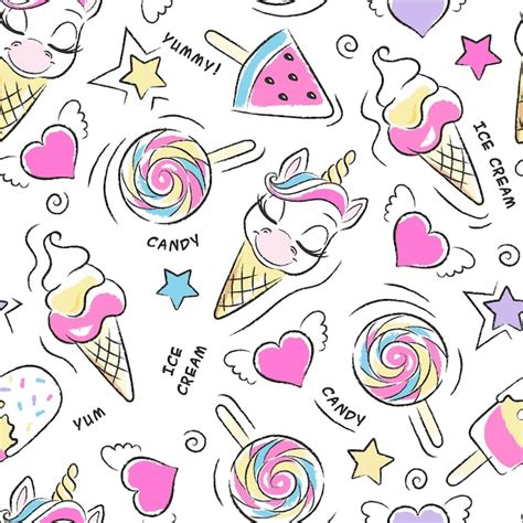 Premium Vector | Art. Beautiful white background. Cute unicorn ice cream pattern. Fashion ...