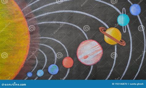 Picture of Solar System Drawn on Black Paper Using Crayon Colors. Stock Photo - Image of ...