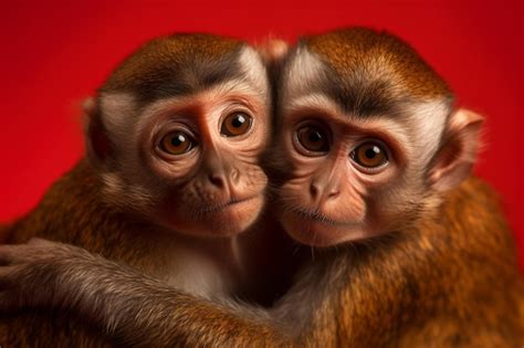 Premium Photo | Two monkeys hugging each other on a red background