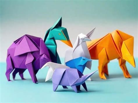 Premium AI Image | A set of origami figures made of multicolored bright paper in the shape of ...