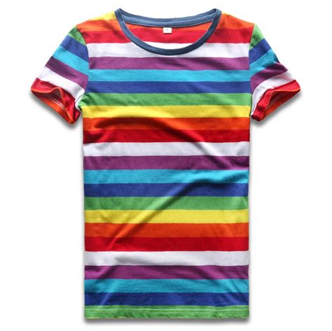 Rainbow T Shirt for Women Colorful Stripe Tshirt Crew Neck Top Tees Woman Short Sleeve Striped ...