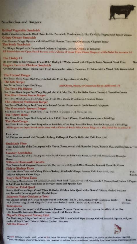 Menu at Ranch 616 pub & bar, Austin