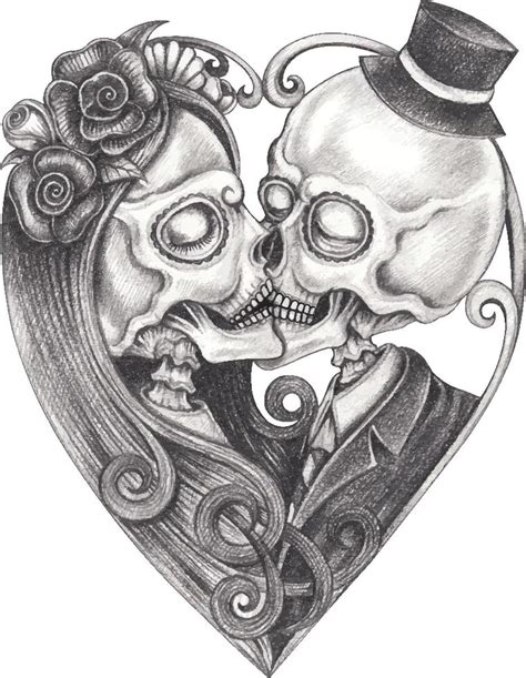 Art fancy couple in love kiss skulls. Hand drawing and make graphic vector. 19882611 Vector Art ...