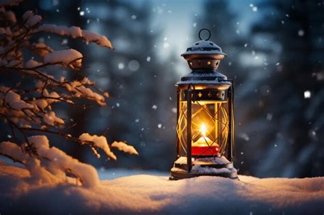 Premium AI Image | Burning Glowing lantern in winter snow Beautiful winter background