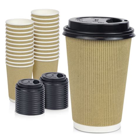 [50 Pack] Disposable Hot Cups with Lids - 16 oz Brown Double Wall Insulated Ripple Sleeves ...