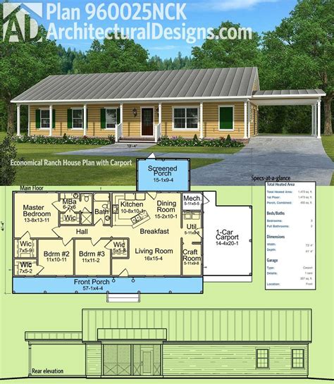 Plan 960025NCK: Economical Ranch House Plan with Carport | 1000 | Simple house plans, Ranch ...