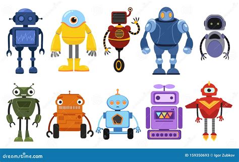 Set of Cartoon Robots. Collection of Cute Retro Robots. Vector Illustration of Robotics for ...