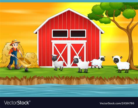 Cartoon happy farmer and sheep in the farm Vector Image