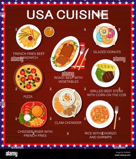 USA cuisine food menu, American dishes and meals traditional restaurant lunch and dinner, vector ...