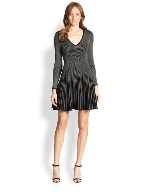 MILLY Ribbed Fit Flare Dress in Black - Lyst