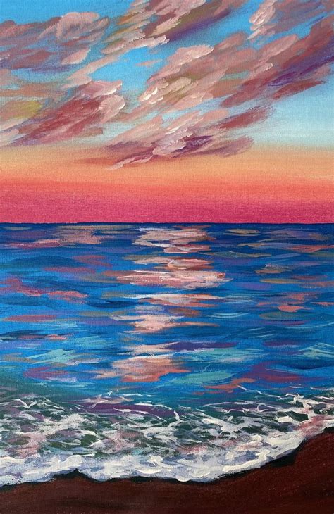 Pink Sunset Ocean Colorful View Small Painting Acrylic Canvas Painting by Elena Tuncer | Saatchi Art