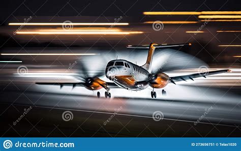 A Small Airplane is Taking Off from the Runway at Night Stock Image - Image of engine, plane ...