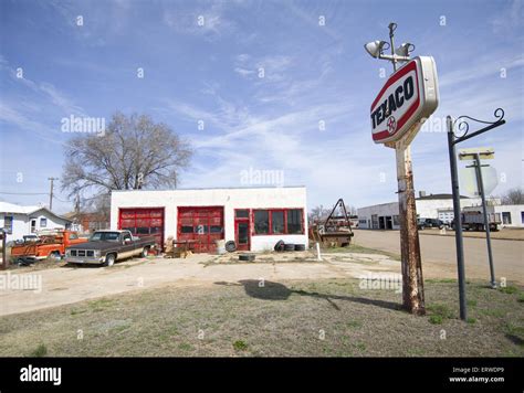 An old, abandoned Texaco gas station in Texas, Southwest USA along ...