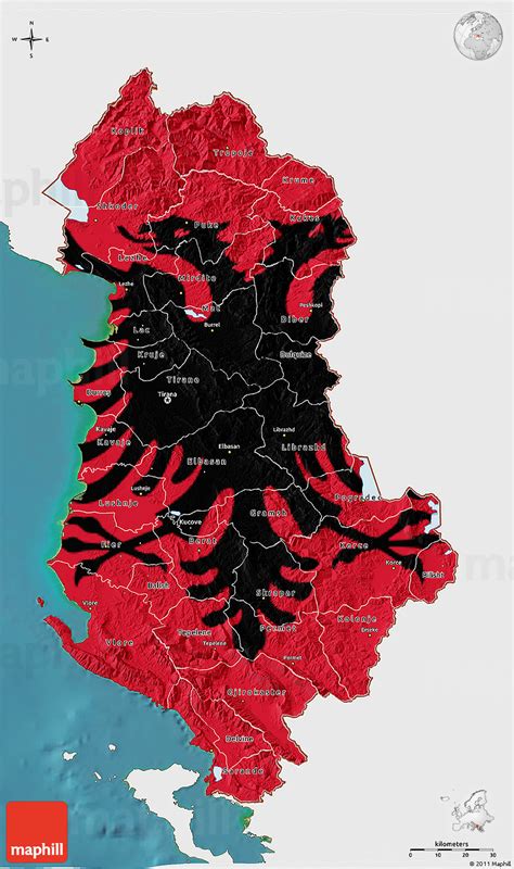 Flag 3D Map of Albania, single color outside, satellite sea, flag centered